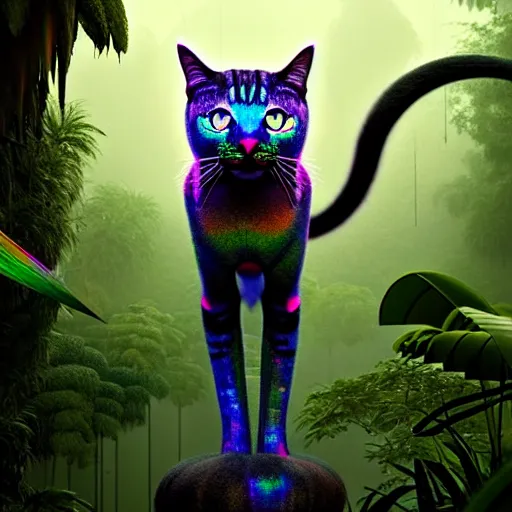 Image similar to android character :: giant iridescent mix between a feline and bug in lush jungle, raining, foggy, moody, :: Dan McPharlin Daniel Merrian :: ornate, dynamic, particulate, rich colors, intricate, elegant, highly detailed, centered, artstation, smooth, sharp focus, octane render, 3d