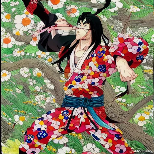 Prompt: ancient japanese ninja, ninja garbs, ninja artwork, wearing wild flowers, illustrated by horohiko araki, by takashi murakami, by miho hirano, jojos bizzare adventure artwork, anime cover art, jojo poses