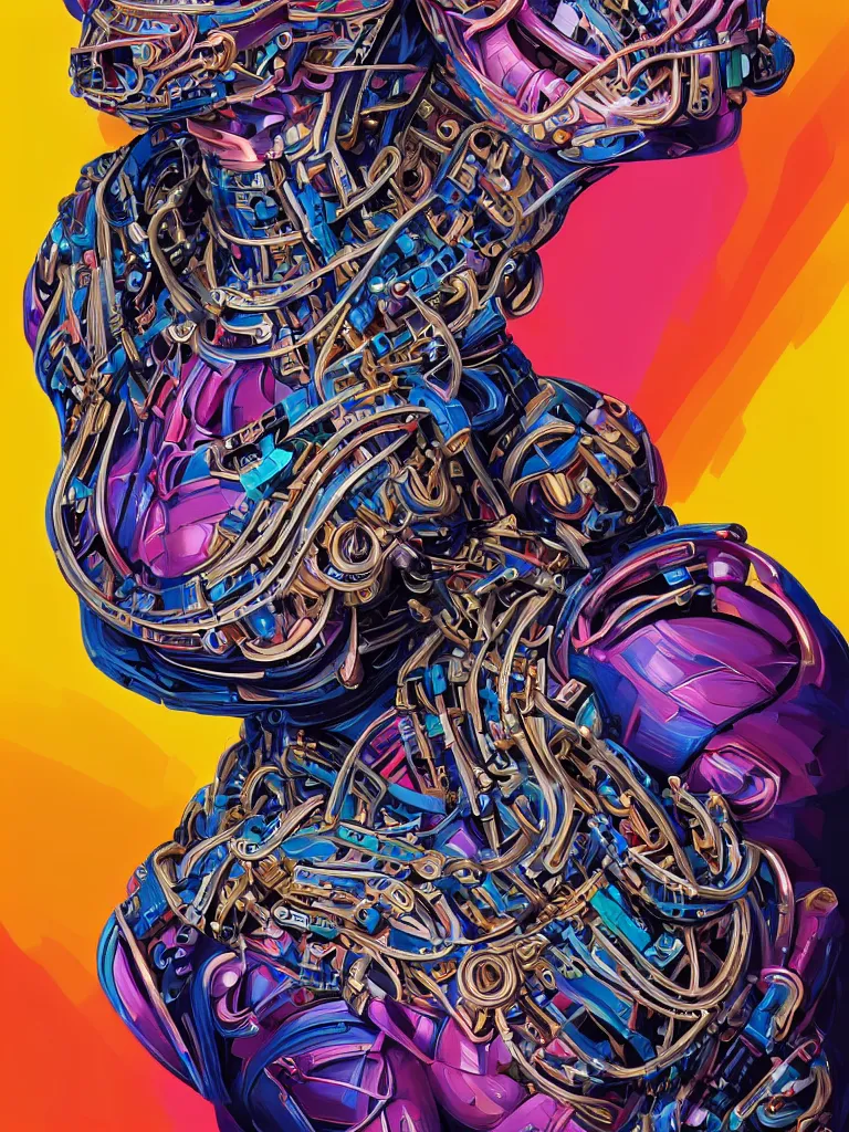 Prompt: Portrait of Margot Robbie wearing epic bionic cyborg implants of different vibrant colors, detailed intricate ornate cables connect torso to head, voluptuous body, portrait front face reference, by Dan Mumford and Naoto Hattori, extremely beautiful and proportionate, masterpiece, intricate, highly detailed, digital painting, Matrix Theme, artstation, concept art, crepuscular rays, smooth, sharp focus, illustration, background made from fractals of vibrant universe stars, cyberpunk colors, volumetric lighting, art by artgerm and james jean and Nick Sullo