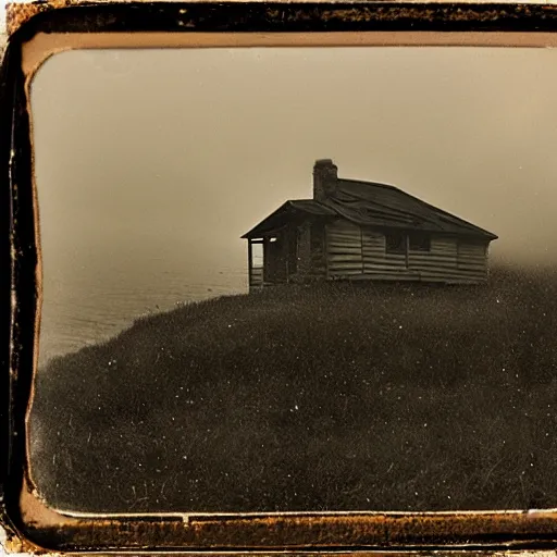 Image similar to an a abandoned cabin shrouded by fog on a hill overlooking a stormy sea as a tintype