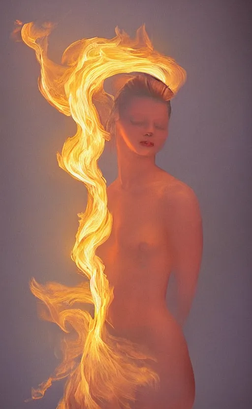 Image similar to a surreal painting of a woman made of golden fire, volumetric lighting