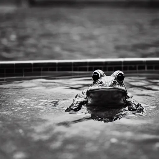 Image similar to a frog in a suit is in a pool, he is cheering, black-and-white, 50mm