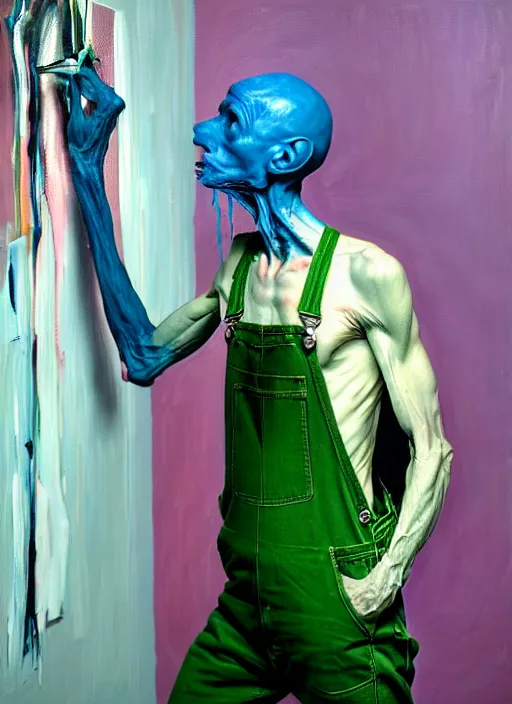 Image similar to an insane, skinny, artist wearing overalls, expressive painting the walls inside a grand messy studio, depth of field, hauntingly surreal, highly detailed painting by francis bacon, edward hopper, adrian ghenie, glenn brown, and james jean, soft light 4 k in pink, green and blue colour palette, cinematic composition,