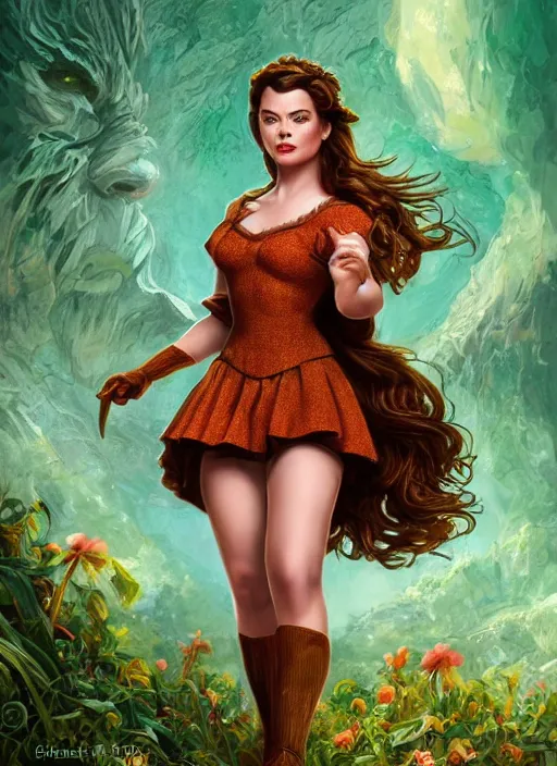 Prompt: beautiful female dorothy gale, rebecca romijn as dorothy, full body character concept, covered in full emerald armor, armor plating, art nouveau, super powers, fantasy, intricate, elegant, highly detailed, digital painting, artstation, concept art, shining, sharp focus, illustration, art by stanley lau