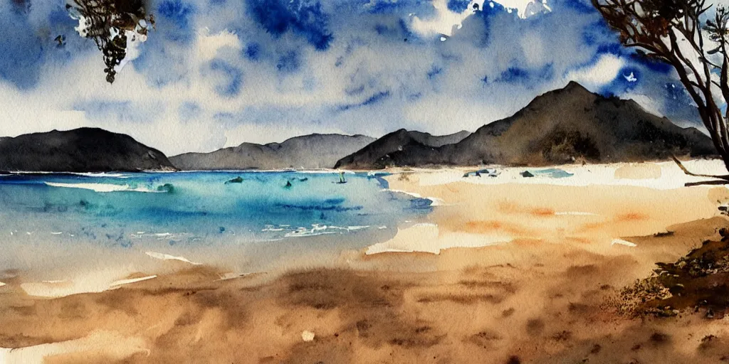 Image similar to golden bay new zealand, abel tasman, amazing watercolor painting, trending on artstation