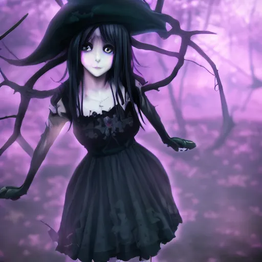 Prompt: portrait of darkness witch as an anime girl, dark forest background, inspired by Tim Burton, unreal engine render, volumetric light, high détail