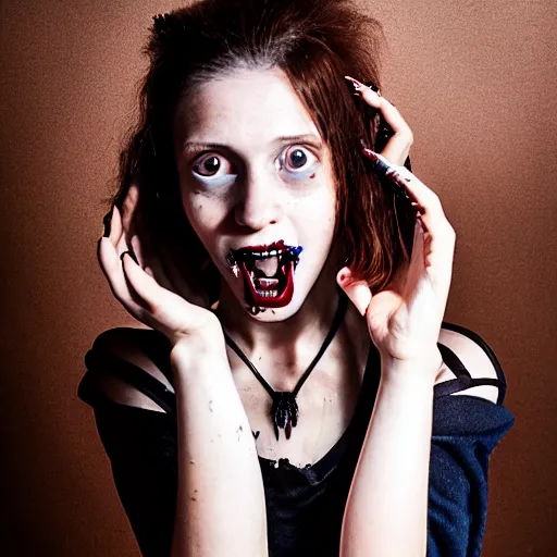 Prompt: a portrait photograph of a crazy beautiful young woman painter in her studio with vampire fangs, wearing a black dress and silver necklace, copper brown hair, dark blue eyes, dof, sharp focus, slight smile, pale, highly detailed face, symmetric face, realistic iris, cinestill 8 0 0 t, exif, raw, photography by paolo roversi