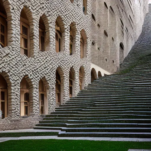 Image similar to courtyard complex of a labyrinthine monastary made of thousands of iteratively stacked and interlocked stones and bricks and wood, fusion of carlo scarpa and louis kahn, ivy growing on the bricks, people walking around and sitting on steps, architectural photography