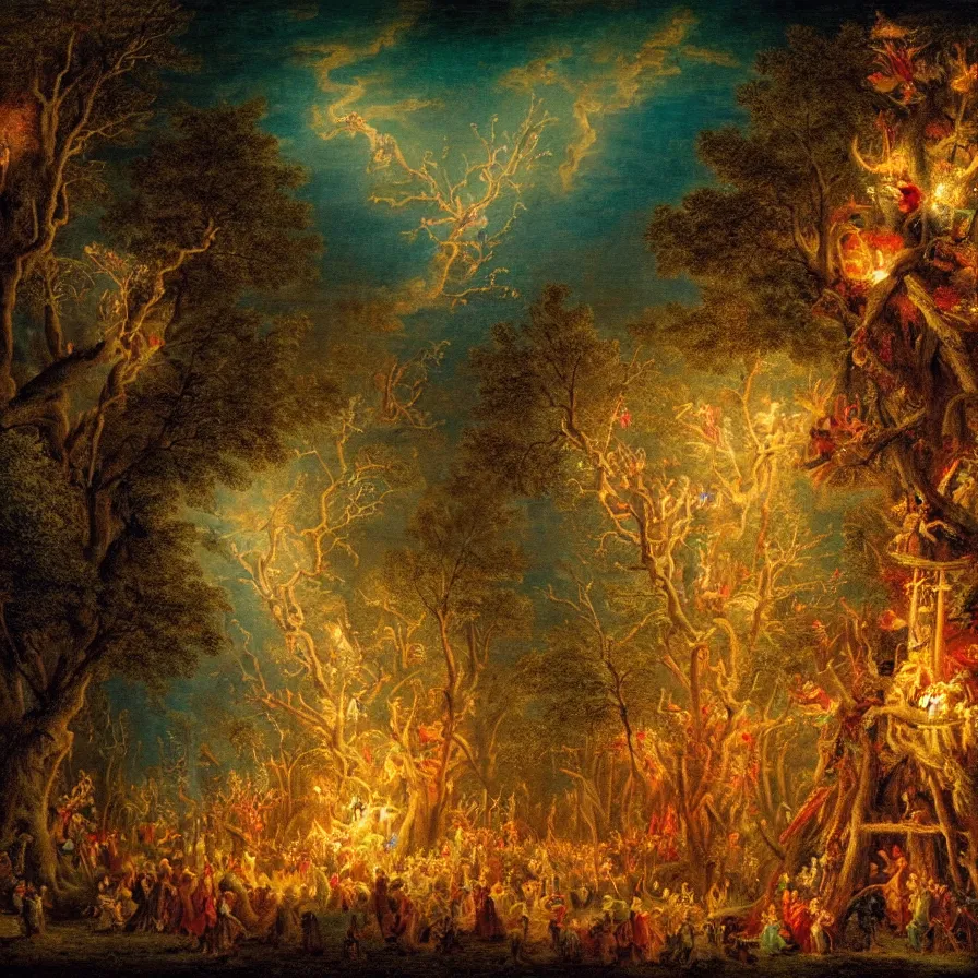 Image similar to closeup of a night carnival inside a tree cavity in a magical forest in the middle of a summer storm, with a music scenario with many fireworks and christmas lights, volumetric lightning, instense god rays in the sky, folklore people disguised with fantastic creatures in a magical forest by summer night, masterpiece painted by fragonard, very coherent and colorful high contrast masterpiece,