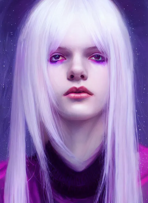 Image similar to hair whitebangs hair, white hair, whitebangsblackhair, portrait of teenage girl with white bangs, red irises, purple clothes, intricate, elegant, glowing lights, highly detailed, digital painting, artstation, concept art, sharp focus, illustration, art by wlop, mars ravelo and greg rutkowski