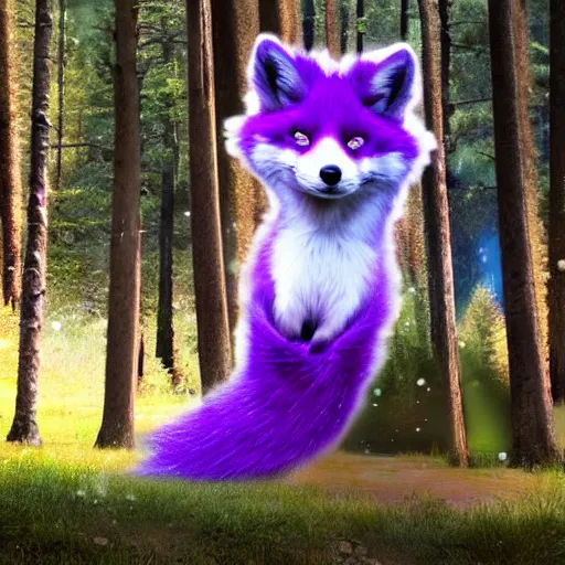 Image similar to a purple fox with a long fluffy and shiny coat sits in the forest on a ufo flying saucer. super realistic photo. clear details