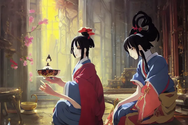 Image similar to baroque! oil painting of anime key visual environment concept art of anime! shinto priestess pouring a cup of tea, sat in seiza position, award winning anime, trending on artstation, palette knife! and brush strokes, oil on canvas, makoto shinkai greg rutkowski studio ghibli