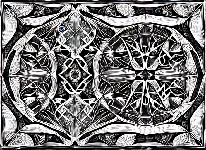 Image similar to symmetry! humans, intricate filigree, elegant, highly detailed, concept art, smooth, sharp focus, lineart, illustration, 3 d occlusion, thinline with black on white on gray, 8 k