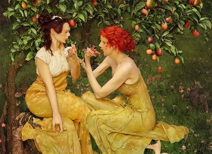 Image similar to lush apple and pear orchard fairy foliage painting carved in amber by chiara bautista and norman rockwell and greg rutkowski weta studio