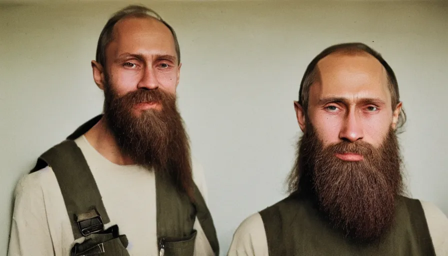 Image similar to far view, extremely skinny malnourished vladimir putin with long beard, wearing dirty overalls, dirty greasy face, grin, portrait, close up, kodak gold 2 0 0, 5 0 mm,