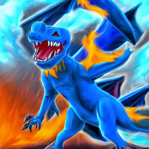 Prompt: a blue charizard ~ painting ~ water powers ~ digital art ~ amazing ~ trending ~