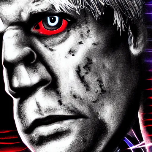 Prompt: dramatic digital drawing of boris johnson as the terminator (1984), one eye is red and glowing, half face skeleton, cinematic lighting