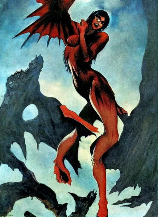 Image similar to manananggal, filipino vampire, strong line, deep color, beautiful! coherent! by frank frazetta, high contrast