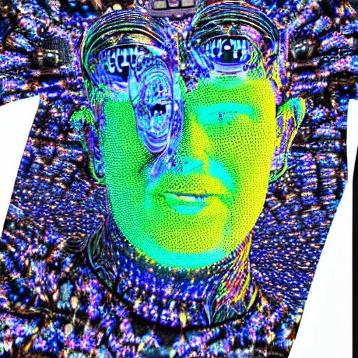 Image similar to product photo of a tshirt with a hyperdetailed portrait of a futuristic trippy smiling robot head, 8 k, symetrical, flourescent mulicolored, halluzinogenic