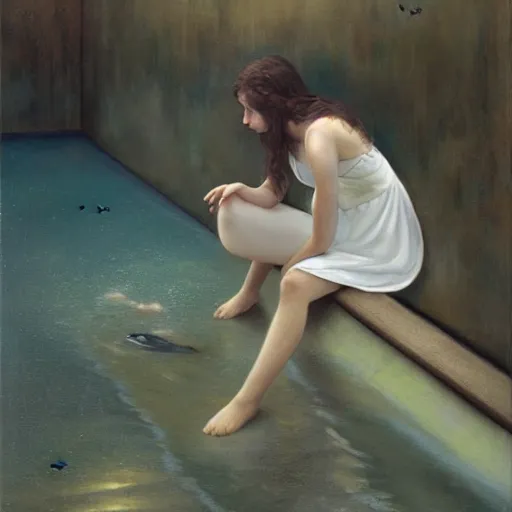 Image similar to oil painting of girl sitting in fish tank drowning alone. she is wearing a white dress and has long brown hair. by aron wiesenfeld.