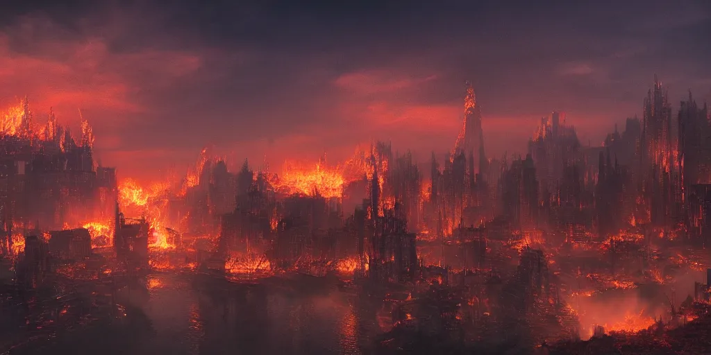 Prompt: A fantasy city completely covered in fire, rising smoke, dark fantasy, nighttime, detailed crimson moon, hyper realistic, trending on artstation