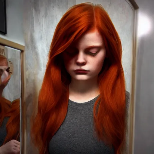 Prompt: redhead girl looking through mirror and see half-life 3 logo