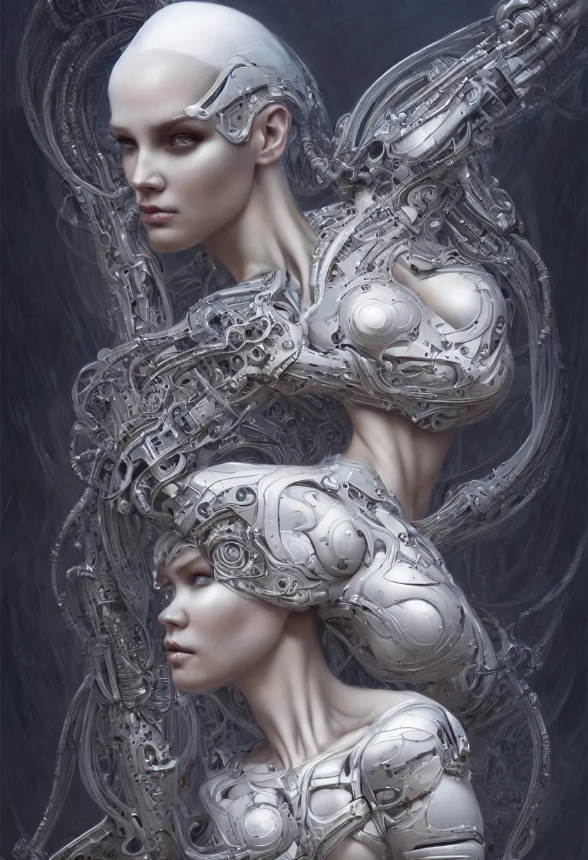 Image similar to beautiful white cyborg goddess, by william - adolphe bouguereaum artgerm and hr giger and zdzislaw beksinski, matte painting, hyperdetailed, symmetry, art nouveau, beautiful render, concept art