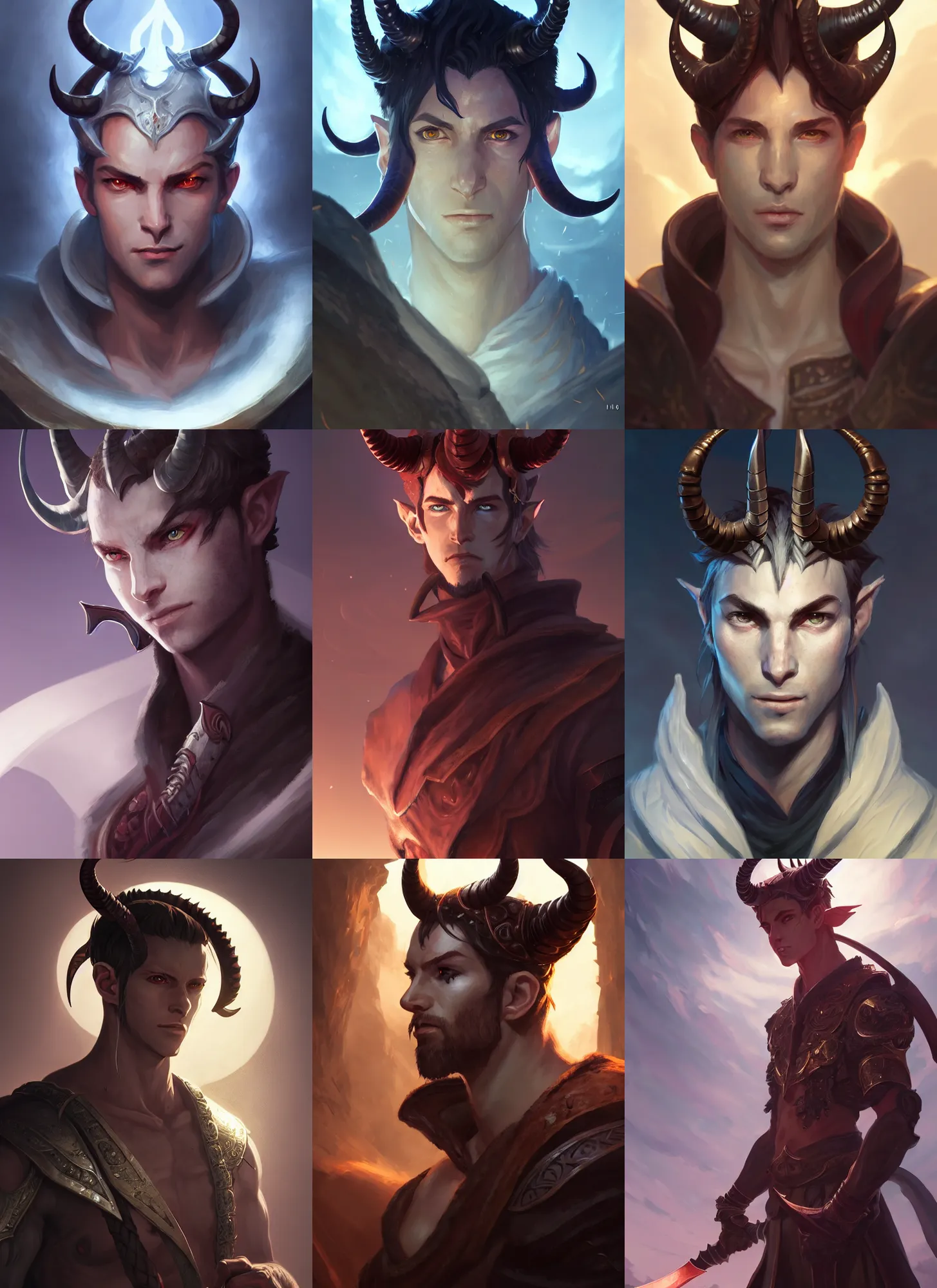 Prompt: a portrait of a male tiefling warrior with two large curved horns, intricate, tone mapped, ambient lighting, highly detailed, digital painting, artstation, concept art, 4 k, god rays, stunning beautiful, glowing eyes, sharp focus, by makoto shinkai and akihiko yoshida and hidari and wlop