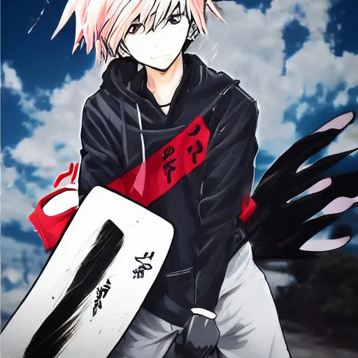 Image similar to Ken Kaneki, holding a skateboard, Hiroaki Tsutsumi style