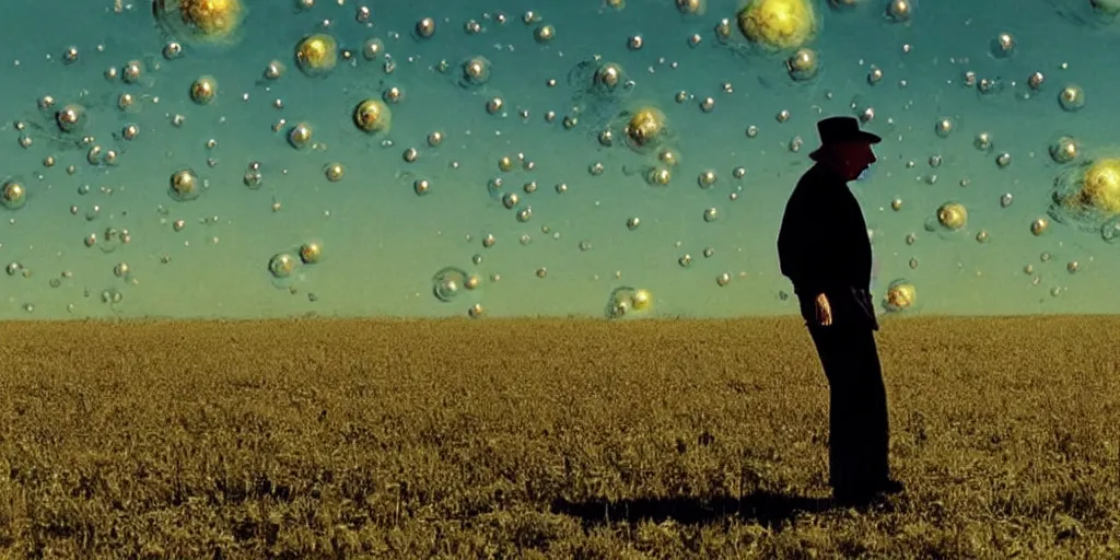 Prompt: an old man in a field looking at multiverse bubbles in the sky, scene from a stanley kubrick movie, in color