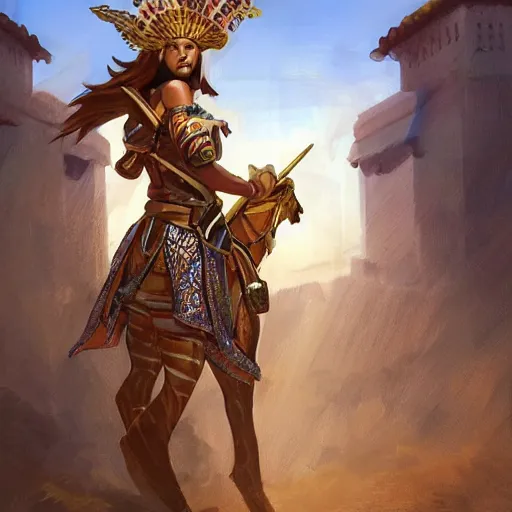 Image similar to clear portrait of moroccan warrior, adorable appearance!!!, golden hour, happy apearance, cottagecore!!, background hyper detailed, character concept, full body, dynamic pose, intricate, elegant, highly detailed, digital painting, artstation, concept art, smooth, sharp focus, illustration, art by artgerm and greg rutkowski and alphonse mucha