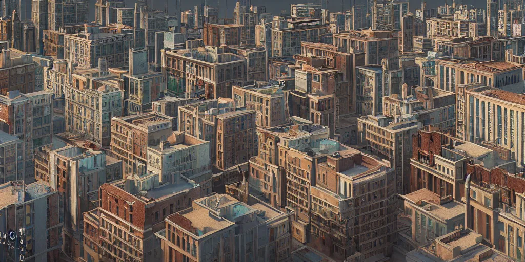 Image similar to 4K realistic rendering of A cityscape by Wes Anderson, unreal engine 5, vray, photo realistic, hyper detailed, intricate