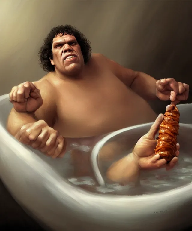 Prompt: andre the giant, cinematic, in a bathtub, holding a footlong coney, elegant, highly detailed, digital painting, artstation, smooth, hard focus, illustration, art by jessica rossier and and brian froud