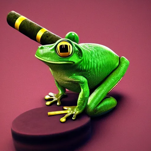 Image similar to a high quality photo of an antropomorphic frog wearing a suit smoking a cigar cigar cigar cigar, 3d scene, render, ultra realistic, artstation, cgsociety