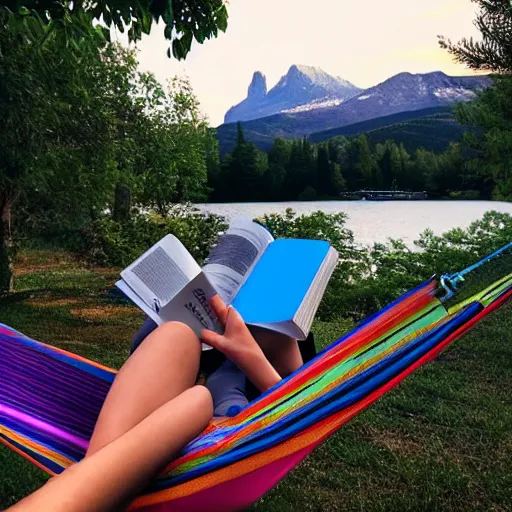 Prompt: my italian wise friend on a hammock, reading the book about love, face iluminated by new knowledge, mountains in a background