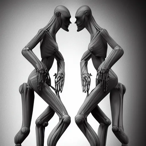 Image similar to Two elegant humanoid creatures leaning against each other with their backs touching, fused at the shoulders, dancing on their pointy limbs. Award-winning digital art, trending on ArtStation