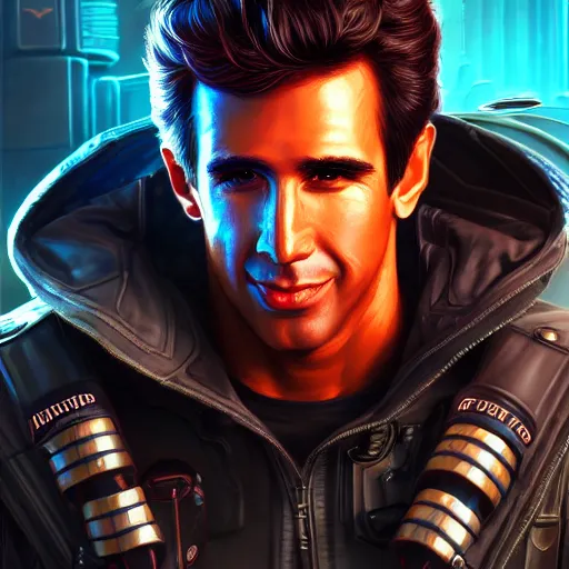 Prompt: arthur fonzareli, being a great, loveable guy, sci - fi, gritty, shadowrun splash art, art by artgerm, intricately detailed, highly detailed, trending on artstation, 4 k, wallpaper - 1 0 2 4