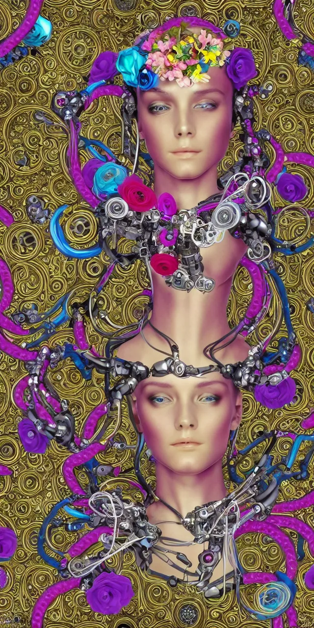 Image similar to seamless pattern of beautiful cybernetic robotic angel with colorful flowers bvlgari jewelry and cables arranged in a baroque damask pattern, subsurface scattering, rainbow liquids, inside organic robotic tubes and parts, black background, symmetrical composition + intricate details, hyperrealism, wet, reflections + by alfonse mucha, no blur