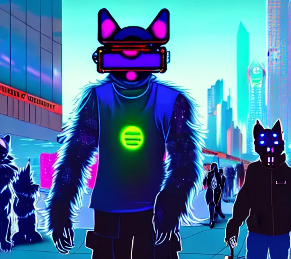 Image similar to high - resolution photograph from a cyberpunk era furry fandom convention ( midwest furfest 2 0 4 7 ), taking place after the genetic revolution and quantum singularity. photorealistic.