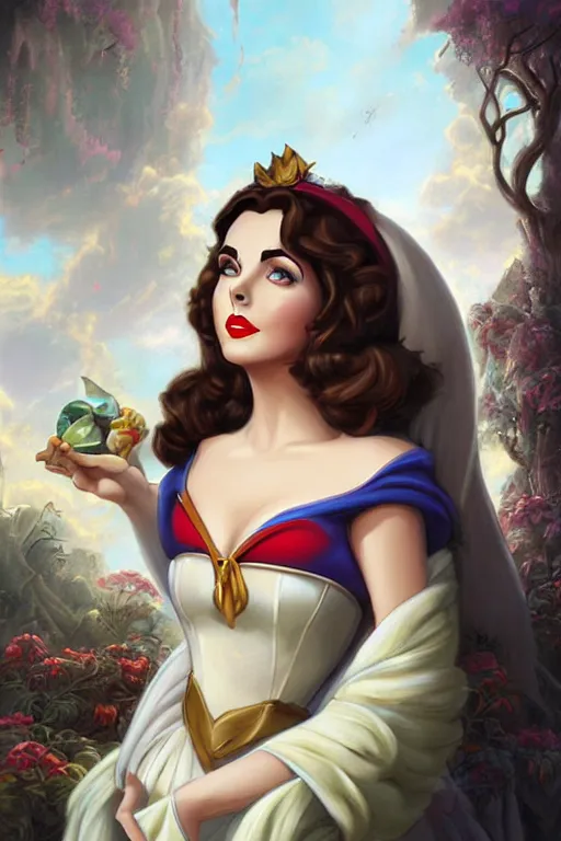 Prompt: beautiful hq matte painting of elizabeth taylor as snow white, by peter mohrbacher greg rutowski