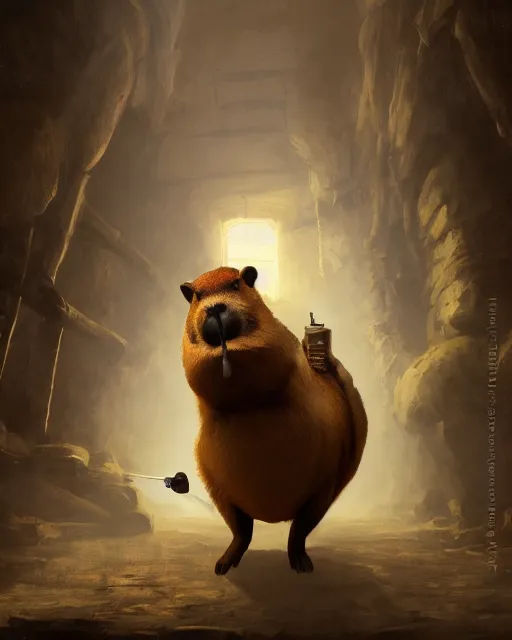 Prompt: oil painting of anthropomorphized capybara holding a smoking pipe, detective clothes, close shot, full body, dark steampunk mine shaft background, sharp focus, fantasy style, octane render, volumetric lighting, 8k high definition, by greg rutkowski, highly detailed, trending on art Station, dungeons and dragons artwork, centered