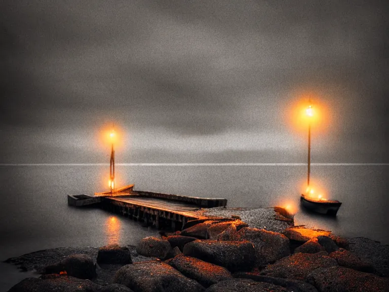 Prompt: a forgotten wharf on a cold sea by zacharias aagaard and magali villeneuve and ruth deckard, hyperrealism, high contrast, low light, bokeh, short focal length, desaturated, grey mist, cobblestones, orange candle flames, volumetric lighting