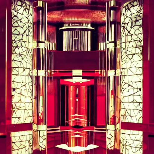 Prompt: a red luxury arm wrist in year 3000, art-deco style, in entrance hall of an art-deco skyscaper, photography , official cartier editorial , highly detailed