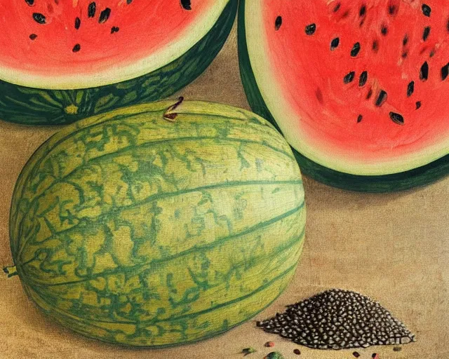 Image similar to a 1 5 th century medieval oil painting of a watermelon with lots of rind and large seeds. high quality scan