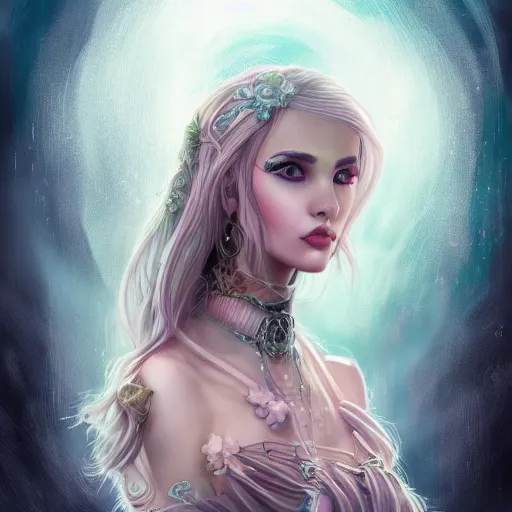 Prompt: fantasy magic fashion girl portrait, sci - fi, glossy eyes, face, long hair, fantasy, intricate, elegant, highly detailed, digital painting, artstation, concept art, smooth, sharp focus, illustration