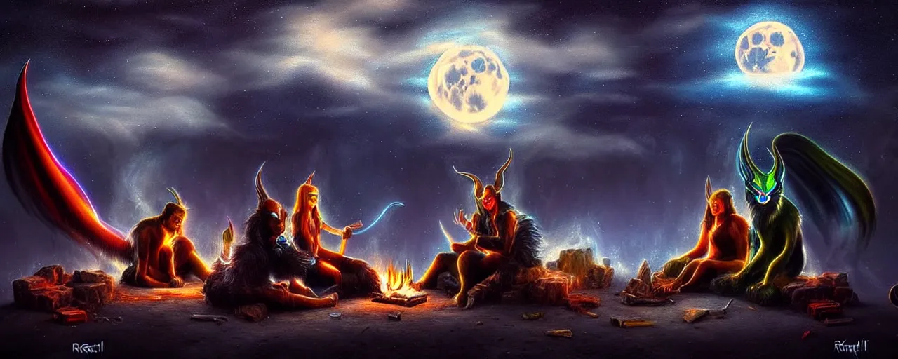 Image similar to uncanny!!! bifrost!!! mythical beasts of sitting around a fire under a full moon at bifrost, surreal dark uncanny painting by ronny khalil