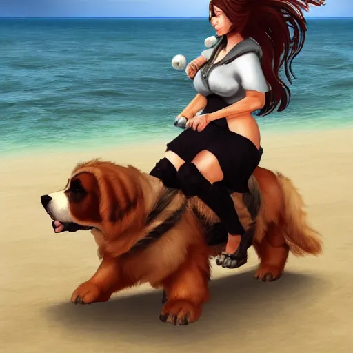 Image similar to girl riding a giant saint Bernard at the beach playing fetch, trending on artstation