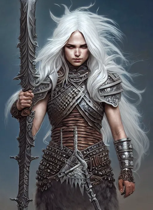 Image similar to barbarian, plated armor!!! long wild white hair!! covered chest!!! fantasy, d & d, intricate ornate details, digital painting, pretty face!!, symmetry, concept art, sharp focus, illustration, art by artgerm! greg rutkowski magali villeneuve wlop! ilya kuvshinov!!, octane render