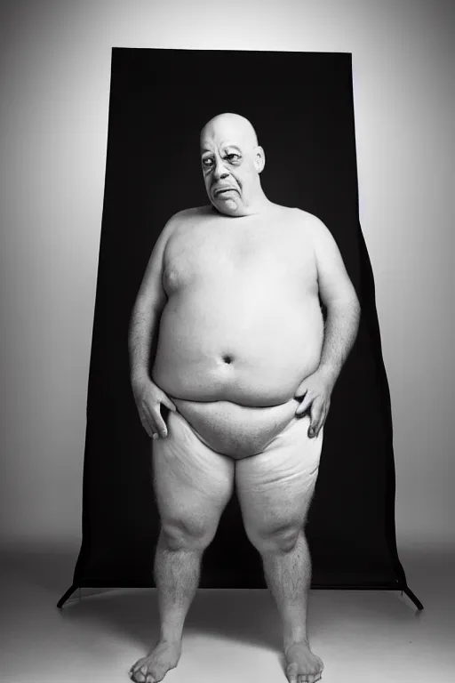 Image similar to studio portrait of man that looks excactly like homer simpson, lookalike, as if homer simpson came to life, soft light, black background, fine skin details, close shot, award winning photo by diane arbus