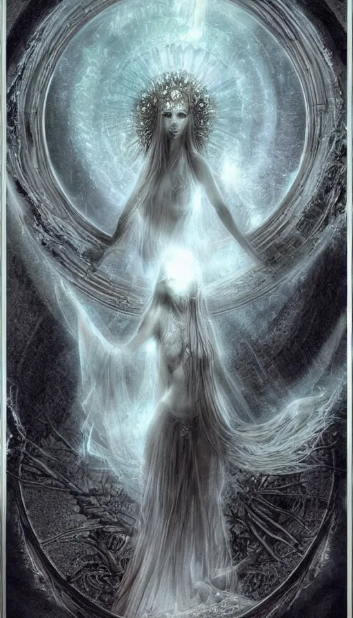 Prompt: goddess of illusion, beautiful, stunning, breathtaking, mirrors, glass, magic circle, magic doorway, fantasy, mist, bioluminescence, hyper - realistic, unreal engine, by luis royo,